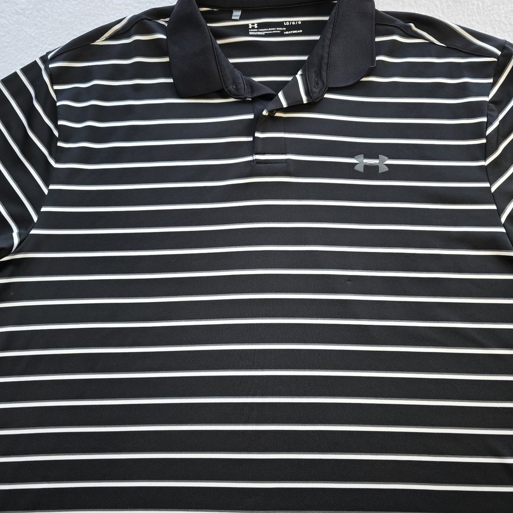 Under Armour Mens Large Golf Polo Shirt Black White Striped Loose Fit HeatGear